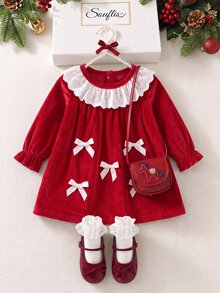 SHEIN Baby Girls Velvet Dress Sweet Red And White Eyelet Lace Ruffle Collar Bows Long Sleeve Round Neck Autumn Princess Ballet A-Line Cute Christmas - Burgundy - View 7