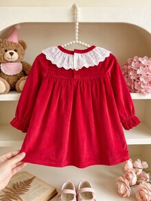 SHEIN Baby Girls Velvet Dress Sweet Red And White Eyelet Lace Ruffle Collar Bows Long Sleeve Round Neck Autumn Princess Ballet A-Line Cute Christmas - Burgundy - View 3