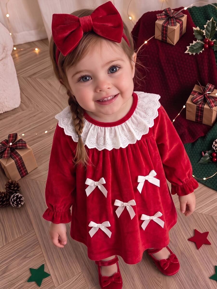 SHEIN Baby Girls Velvet Dress Sweet Red And White Eyelet Lace Ruffle Collar Bows Long Sleeve Round Neck Autumn Princess Ballet A-Line Cute Christmas