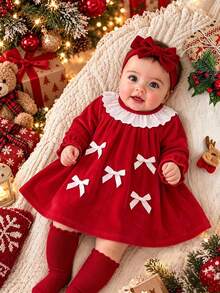 SHEIN Baby Girls Velvet Dress Sweet Red And White Eyelet Lace Ruffle Collar Bows Long Sleeve Round Neck Autumn Princess Ballet A-Line Cute Christmas - Burgundy - View 8