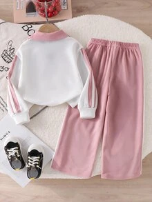 SHEIN 2件組幼女波羅衫長褲套裝，可愛甜美粉白條紋獨角獸刺繡，長袖翻領，休閒版型，生日秋季穿著，寬腿連身褲 - 粉色 - 查看 2
