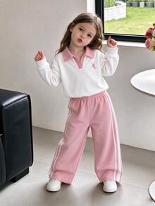 SHEIN 2件組幼女波羅衫長褲套裝，可愛甜美粉白條紋獨角獸刺繡，長袖翻領，休閒版型，生日秋季穿著，寬腿連身褲 - 粉色 - 查看 3