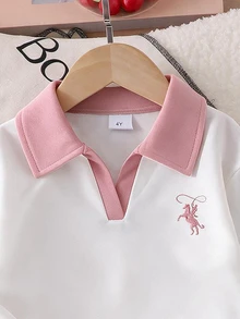 SHEIN 2件組幼女波羅衫長褲套裝，可愛甜美粉白條紋獨角獸刺繡，長袖翻領，休閒版型，生日秋季穿著，寬腿連身褲 - 粉色 - 查看 5
