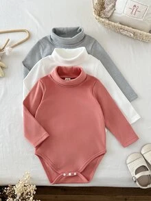 SHEIN 3 قطع ملابس داخلية بياقة عالية للفتيات الرضع، لون أبيض مرجاني حلو، سادة، مضلع، أكمام طويلة، ياقة عالية، عادي، خارجي، ربيعي، أساسي، طبقة أساسية، ضيق - متعدد الألوان - مشاهدة 6