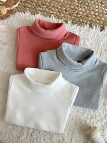 SHEIN 3 قطع ملابس داخلية بياقة عالية للفتيات الرضع، لون أبيض مرجاني حلو، سادة، مضلع، أكمام طويلة، ياقة عالية، عادي، خارجي، ربيعي، أساسي، طبقة أساسية، ضيق - متعدد الألوان - مشاهدة 9