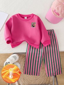 SHEIN 2件組幼女運動衫長褲套裝，可愛亮粉色與綠色卡通狗愛心條紋羅紋設計，長袖圓領，寬鬆時尚，適合生日、秋季與假期穿著 - 玫紅色 - 查看 5