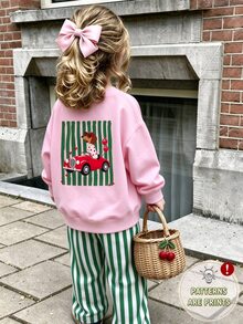 SHEIN 2pcs Toddler Girl Sweatshirt Pants Cute Sweet Pink Green Dog Striped Print Long Sleeve Round Neck Regular Birthday Spring Holiday Unicorn Ribbed Cuff - Baby Pink - View 7
