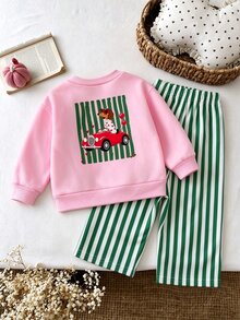 SHEIN 2pcs Toddler Girl Sweatshirt Pants Cute Sweet Pink Green Dog Striped Print Long Sleeve Round Neck Regular Birthday Spring Holiday Unicorn Ribbed Cuff - Baby Pink - View 8