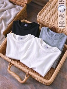 SHEIN 男嬰純棉純白色圓領長袖T恤多件套，適合春秋穿著。休閒簡約風格，舒適百搭。設計簡單優雅，裝飾極簡，展現低調美感。針織面料製成，厚度適中。春季可單穿，秋季可作內搭，冬季可作內層。 - 彩色 - 查看 4