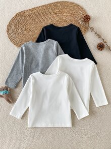 SHEIN 男嬰純棉純白色圓領長袖T恤多件套，適合春秋穿著。休閒簡約風格，舒適百搭。設計簡單優雅，裝飾極簡，展現低調美感。針織面料製成，厚度適中。春季可單穿，秋季可作內搭，冬季可作內層。 - 彩色 - 查看 3