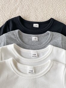 SHEIN 男嬰純棉純白色圓領長袖T恤多件套，適合春秋穿著。休閒簡約風格，舒適百搭。設計簡單優雅，裝飾極簡，展現低調美感。針織面料製成，厚度適中。春季可單穿，秋季可作內搭，冬季可作內層。 - 彩色 - 查看 8