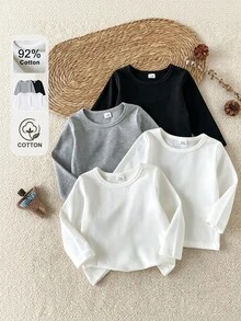 SHEIN 男嬰純棉純白色圓領長袖T恤多件套，適合春秋穿著。休閒簡約風格，舒適百搭。設計簡單優雅，裝飾極簡，展現低調美感。針織面料製成，厚度適中。春季可單穿，秋季可作內搭，冬季可作內層。 - 彩色 - 查看 2