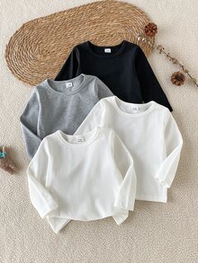 SHEIN 男嬰純棉純白色圓領長袖T恤多件套，適合春秋穿著。休閒簡約風格，舒適百搭。設計簡單優雅，裝飾極簡，展現低調美感。針織面料製成，厚度適中。春季可單穿，秋季可作內搭，冬季可作內層。 - 彩色 - 查看 9