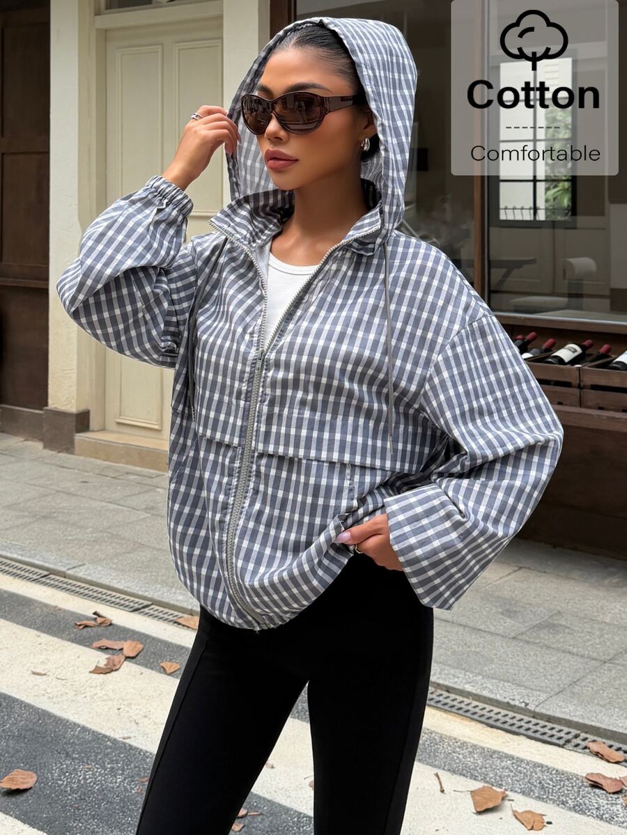 Muchica Women's Plaid Woven Long Sleeve Zip-Up Hooded Jacket - Multicolor - View 1