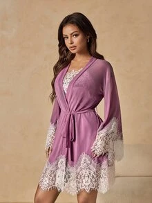 HautHeat Women's Contrast Lace Cuff Robe And Camisole Nightgown Elegant Sleepwear Set - Dusty Purple - View 6