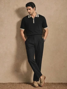 Core Aspect Men's Knit Short Sleeve Top With Turn-Down Collar, Half-Zip, Contrast Striped Collar Design And Colorblock Cuffs, Business Casual - Black - View 4