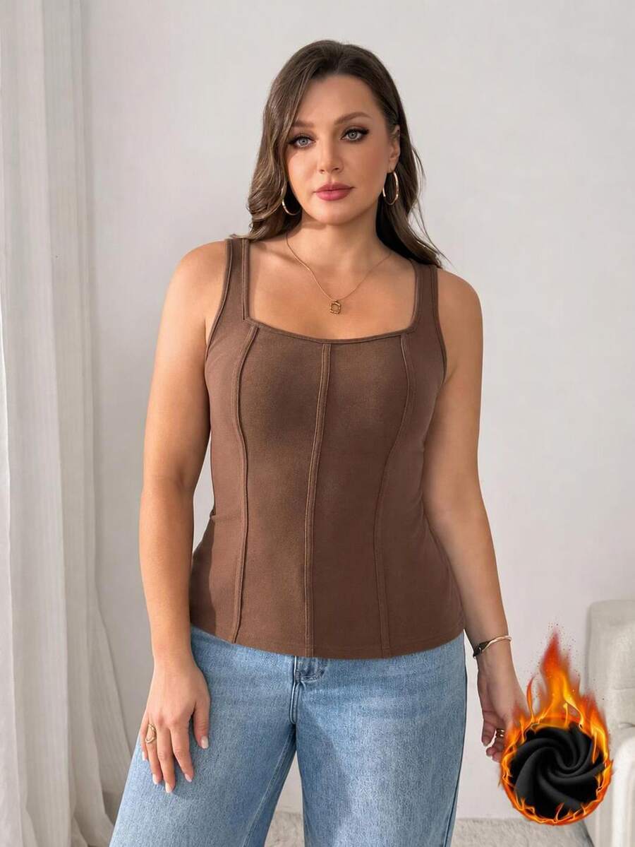 Shapeblank Women's Plus-Size Fall/Winter Fashionable Casual Dressy Stretchy Brown Square-Neck Vest Warm For Everyday Wear Fall Top Base Tops Evening Formal Top - Brown - View 1