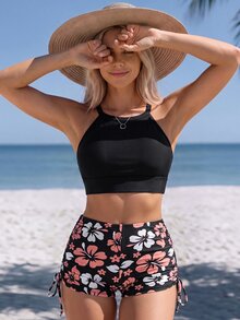 SHEIN Swim Summer Beach Random Floral Print Set Cami Top & Drawstring Shorts 2 Pieces Bikini Set - Black - View 3