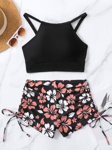 SHEIN Swim Summer Beach Random Floral Print Set Cami Top & Drawstring Shorts 2 Pieces Bikini Set - Black - View 5