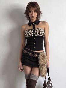 Bloopia Black And White Leopard Print Plush Patchwork Lapel Strapless Tube Top For Women, Y2K 90s Button-Up Slim Fit Cropped Top, Night Out Club Halloween - Multicolor - View 4