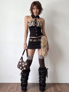 Bloopia Black And White Leopard Print Plush Patchwork Lapel Strapless Tube Top For Women, Y2K 90s Button-Up Slim Fit Cropped Top, Night Out Club Halloween - Multicolor - View 5