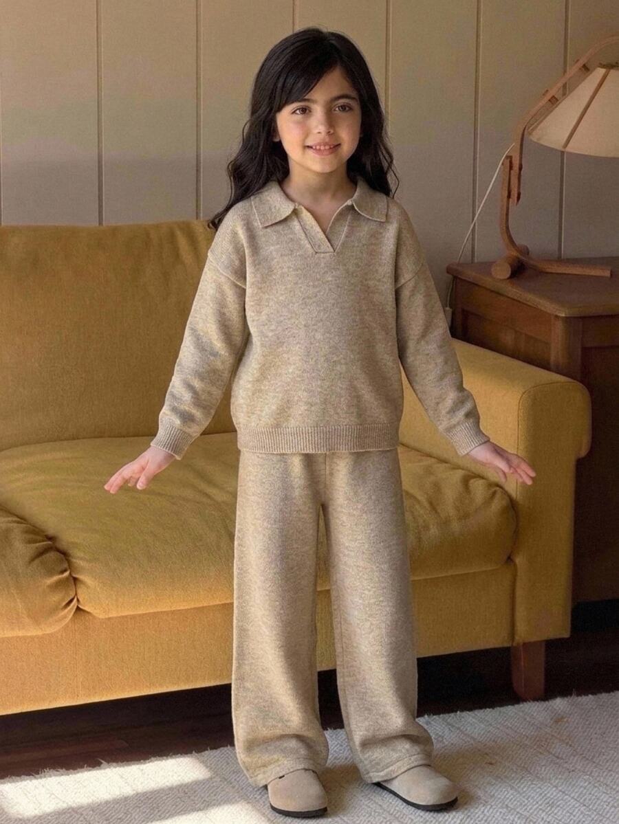Dazy Kids Tween Girl Casual Long Sleeve Sweater Top With Turn-Down Collar + Wide Leg Pants 2 Pieces Set Winter - Apricot - View 1