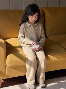 Dazy Kids Tween Girl Casual Long Sleeve Sweater Top With Turn-Down Collar + Wide Leg Pants 2 Pieces Set Winter - Apricot - View 15