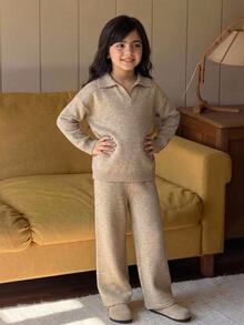 Dazy Kids Tween Girl Casual Long Sleeve Sweater Top With Turn-Down Collar + Wide Leg Pants 2 Pieces Set Winter - Apricot - View 12