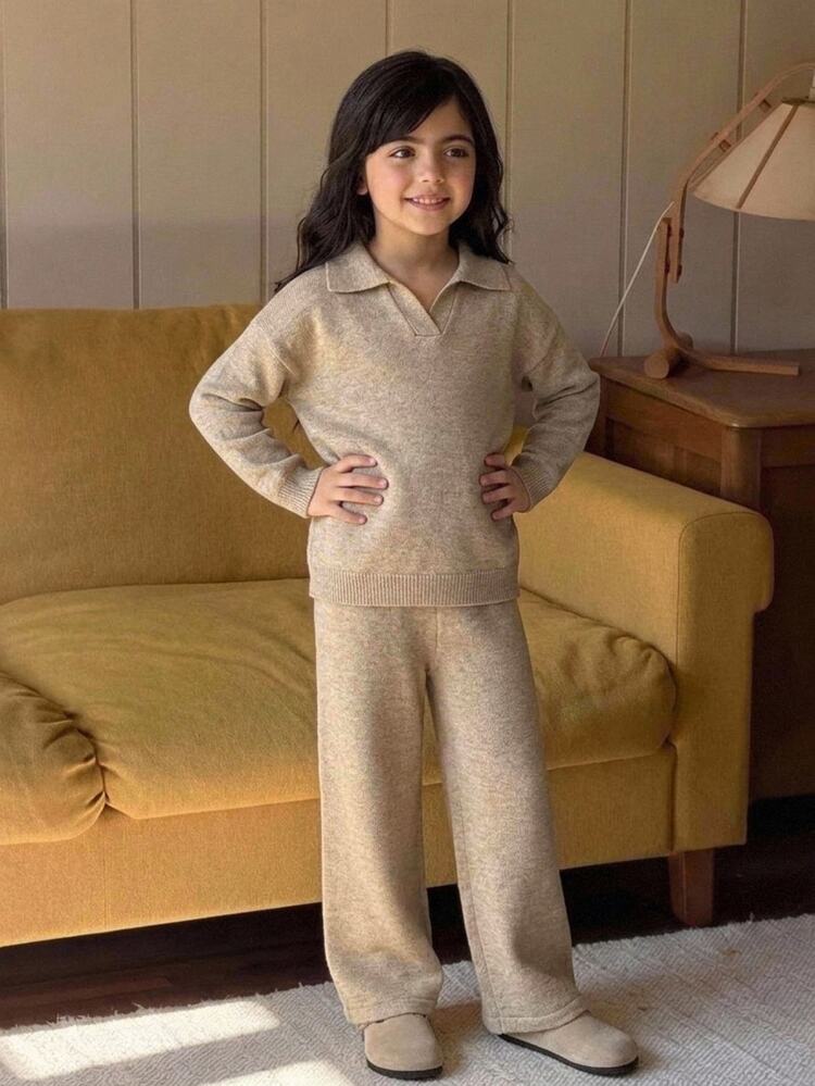 Dazy Kids Tween Girl Casual Long Sleeve Sweater Top With Turn-Down Collar + Wide Leg Pants 2 Pieces Set Winter - Apricot - View 12