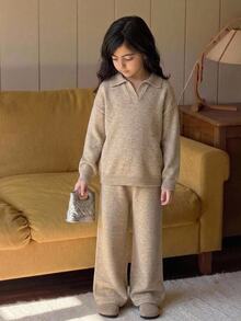 Dazy Kids Tween Girl Casual Long Sleeve Sweater Top With Turn-Down Collar + Wide Leg Pants 2 Pieces Set Winter - Apricot - View 10