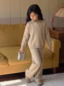 Dazy Kids Tween Girl Casual Long Sleeve Sweater Top With Turn-Down Collar + Wide Leg Pants 2 Pieces Set Winter - Apricot - View 11