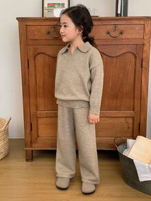 Dazy Kids Tween Girl Casual Long Sleeve Sweater Top With Turn-Down Collar + Wide Leg Pants 2 Pieces Set Winter - Apricot - View 2
