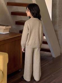Dazy Kids Tween Girl Casual Long Sleeve Sweater Top With Turn-Down Collar + Wide Leg Pants 2 Pieces Set Winter - Apricot - View 13