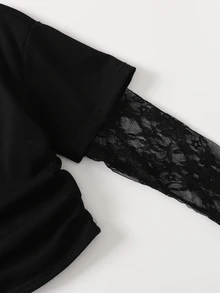 SHEIN بلوزة رياضية قصيرة للخريف للبنات المراهقات، كاجوال أنيقة، أطفال، بتصميم 2 في 1 مع خصر مكشكش ودانتيل، أكمام طويلة وياقة دائرية، ستايل Y2K - الأسود - مشاهدة 5