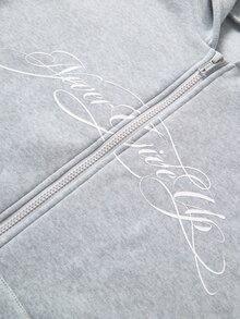 SHEIN طقم كاجوال للبنات المراهقات مكون من هودي بسحاب مطبوع عليه حروف وبنطال رياضي - رمادي - مشاهدة 3