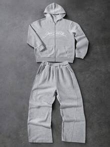 SHEIN طقم كاجوال للبنات المراهقات مكون من هودي بسحاب مطبوع عليه حروف وبنطال رياضي - رمادي - مشاهدة 1