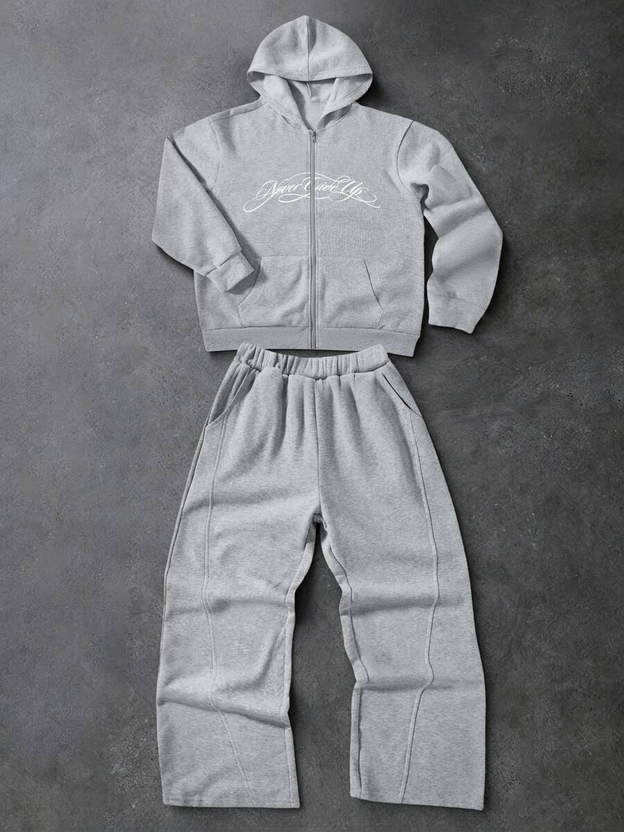 SHEIN طقم كاجوال للبنات المراهقات مكون من هودي بسحاب مطبوع عليه حروف وبنطال رياضي - رمادي - مشاهدة 1
