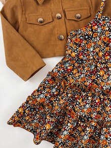 SHEIN Baby Girl 2pcs Set Corduroy Thick Collar Open Front Jacket Shirt And Ditsy Floral Dress, Suitable For Winter - Brown - View 5