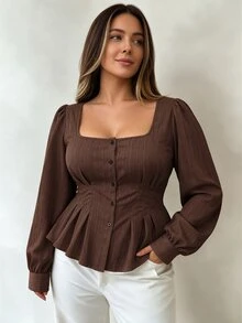 Cravure Women's Plus Size Autumn Single Piece Square Neck Single-Breasted Petal Sleeve Cinched Waist Ruffle Hem Blouse, Slim Fit French Style Commuter Elegant Shirt - Brown - View 3