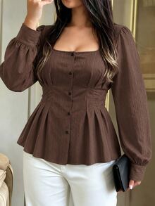 Cravure Women's Plus Size Autumn Single Piece Square Neck Single-Breasted Petal Sleeve Cinched Waist Ruffle Hem Blouse, Slim Fit French Style Commuter Elegant Shirt - Brown - View 1