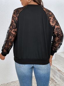 SHEIN LUNE CURVE Plus Size Lace Patchwork Zipper Jacket Fall Winter Cloth For Women Autumn - Black - View 2