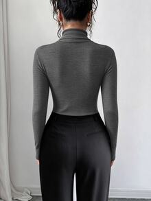 Elenzga Women's Turtleneck Patchwork Long Sleeve Bodysuit, Fitted, Contrast Color, Autumn/Winter - Grey - View 2