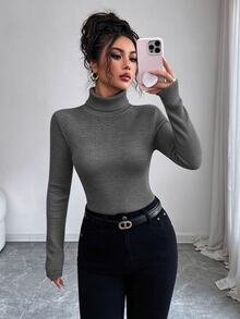 Elenzga Women's Turtleneck Patchwork Long Sleeve Bodysuit, Fitted, Contrast Color, Autumn/Winter - Grey - View 5