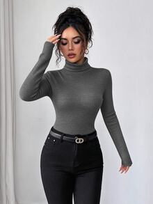 Elenzga Women's Turtleneck Patchwork Long Sleeve Bodysuit, Fitted, Contrast Color, Autumn/Winter - Grey - View 6