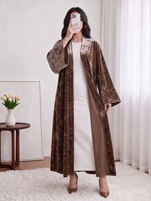 Celisse Women's Brown Velvet Wide Sleeve Muslim Abaya, Regular Fit Spring/Autumn Jacket, Elegant & Luxurious Commuter Style - Brown - View 6