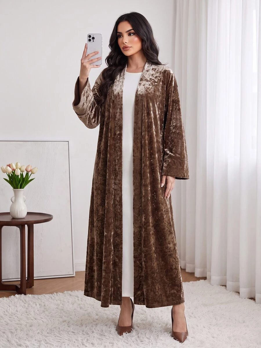 Celisse Women's Brown Velvet Wide Sleeve Muslim Abaya, Regular Fit Spring/Autumn Jacket, Elegant & Luxurious Commuter Style - Brown - View 1