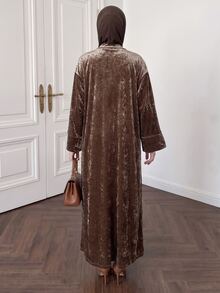 Celisse Women's Brown Velvet Wide Sleeve Muslim Abaya, Regular Fit Spring/Autumn Jacket, Elegant & Luxurious Commuter Style - Brown - View 2