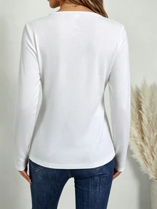 RosyDaze Women's Round Neck Small V-Neck Button Decor Solid Color Casual Versatile Everyday Long Sleeve T-Shirt - White - View 2