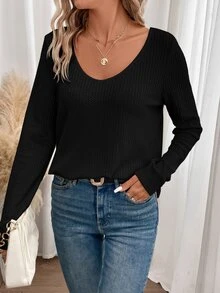 SHEIN Frenchy Lace Spliced Long Sleeve Waffle Fabric T-Shirt Winter Black Casual Spring - Black - View 2