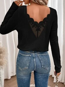 SHEIN Frenchy Lace Spliced Long Sleeve Waffle Fabric T-Shirt Winter Black Casual Spring - Black - View 6
